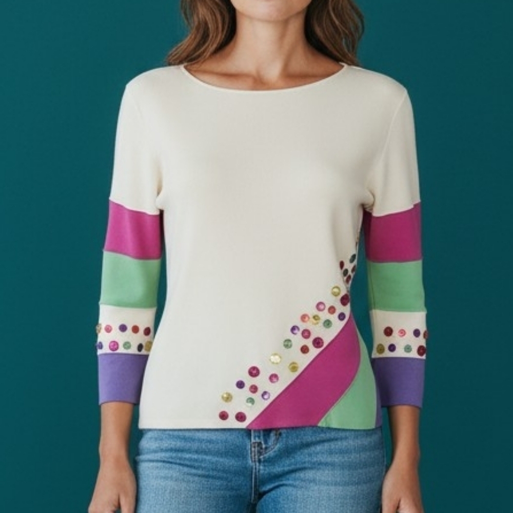 VTG SHARON YOUNG 1990s Candy Pink Rainbow Button Embellished Sweater FLAWED